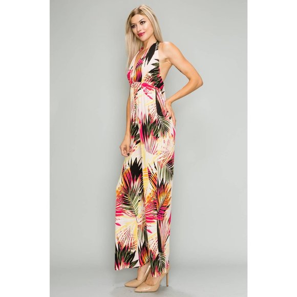 Tropical Palms Multicolor Halter Jumpsuit Romper - Picture 2 of 4